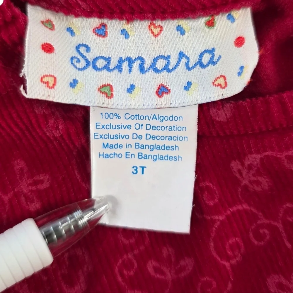Samara Toddler Girls Corduroy Jumper Dress Red Heart Floral Applique 3T